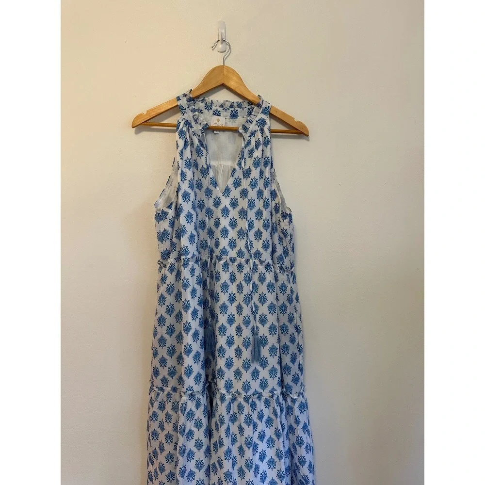 J.Marie Blue and White Block Print Tiered Ruffle Neck Maxi Dress | Size Large